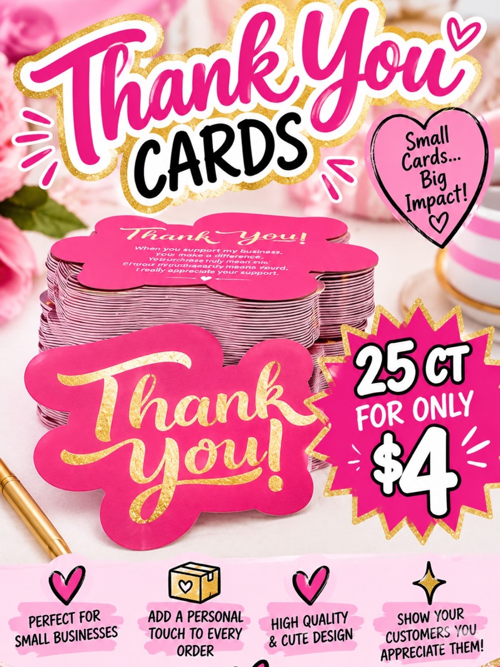Thank You Cards - Hot Pink with Gold Foil Accents (25 Count)